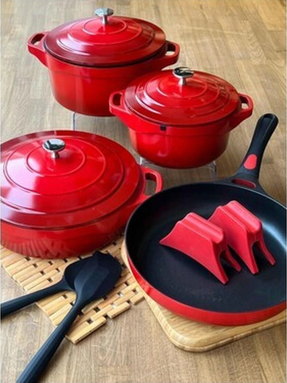 Rossev Cast Döküm Tencere Seti Kırmızı 7 Parça Bakır - Siyah
