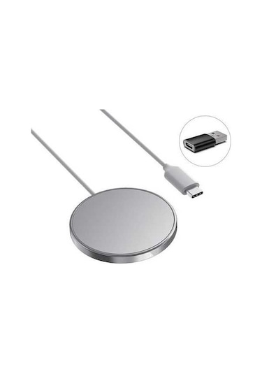 Sandwich Hızlı Şarjlı Mini Manyetik Kablosuz Şarj Cihazı + Adaptör, Gümüş