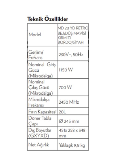 Vestel MD 20 YD Retro Düş Mavisi Mikrodalga Fırın