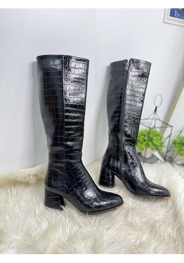 Günlük Kadın Yüksek Kalın Topuklu Fermuarlı Diz Altı Rahat Çizme 3001 Siyah Krokodil