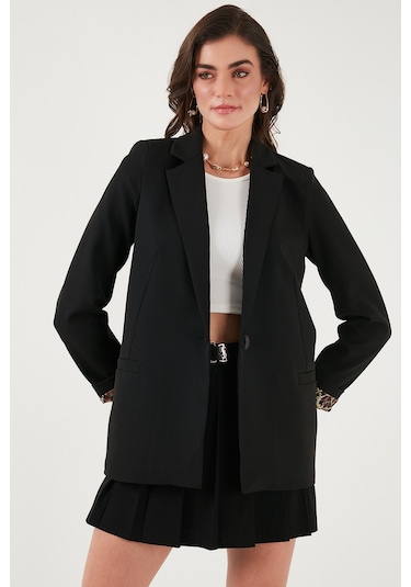 Lela Standart Fit Mono Yaka Desenli Astar Detaylı Blazer Bayan Ceket 6524003 Siyah