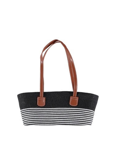 Kadın Hasır Çanta Plaj Çanta Yazlık Premium Çizgili Tasarım Hasır Siyah