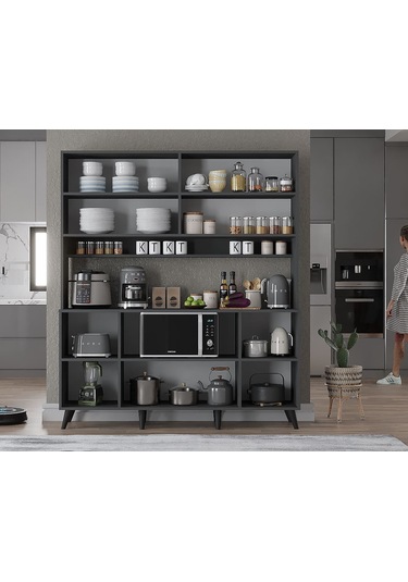 Nora Kahve Köşesi Çok Amaçlı Dolap Kiler Mutfak Dolabı Füme 140cm Antrasit