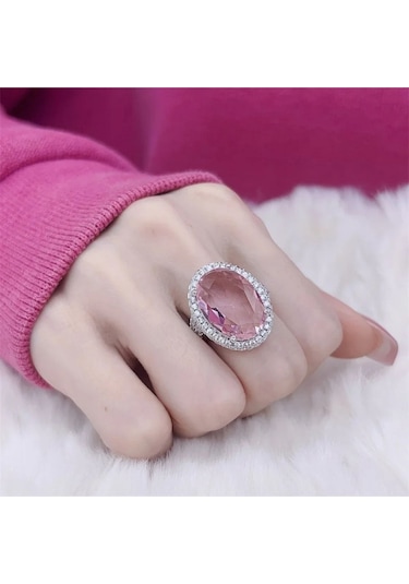 925 Ayar Gümüş Ayarlanabilir Oval Pembe Zirkon Taşlı Yüzük