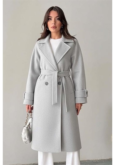 Neşeli Butik Kadın Kuşak Detaylı Astarlı Kaşe Kaban Nbg120 Gri
