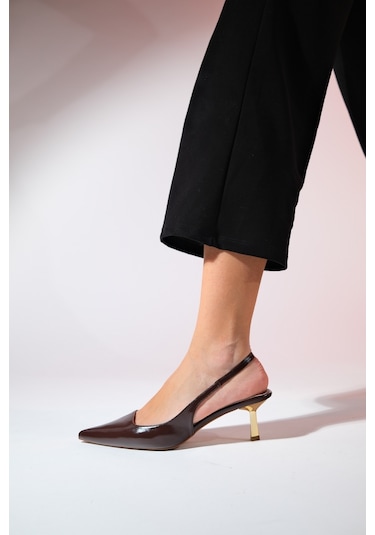 Luvishoes Marten Kahve Cilt Kadın Sivri Burun Arkası Açık İnce Topuklu Ayakkabı Kahverengi