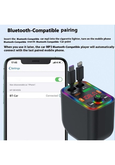 Y6 Geri Çekilebilir Kablo Eq Ayarı Bluetooth Fm Verici Araç Şarj Cihazı Mp3 Çalar