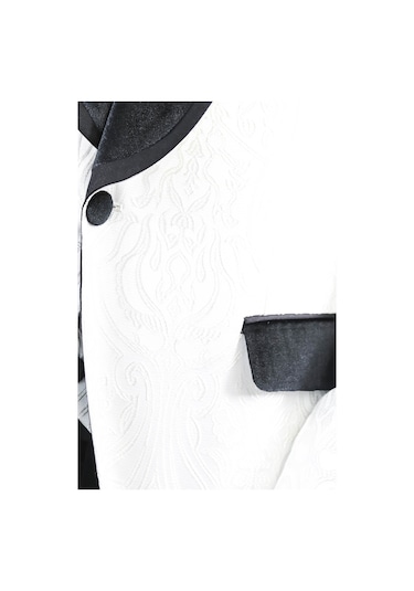 Barok Desenli Kadife Şal Yaka Yelekli Beyaz Smokin - Wessi Beyaz