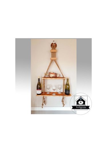 Raf - Walnut Masif Duvar Rafı - Jüt Raf - Kitaplık - Çiçeklik