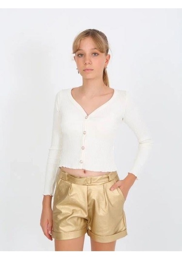 Kız Çocuk Kemerli Duble Paça Gold Deri Şort-14825 Altın