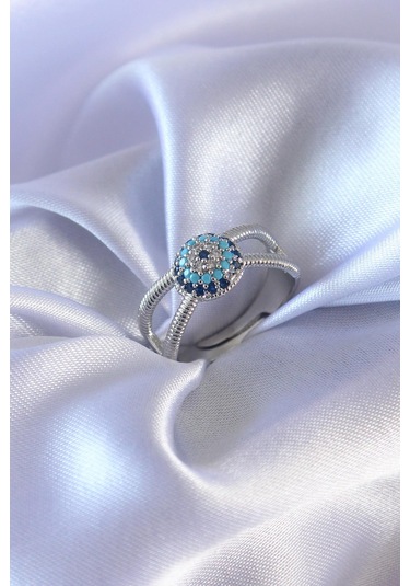 Gümüş Renk Nazar Boncuk Model Kadın Yüzük Gümüş