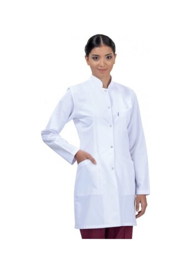 Hakim Yaka Arkadan Kemerli Kadın Vizit Önlük Beyaz