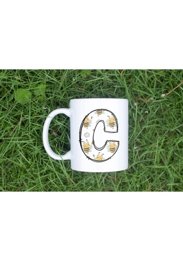 C Harfi Arı Desenli Kupa - Sevimli Hayvan Temalı Kişiye Özel Kahve Kupası - Şans Kupası Beyaz