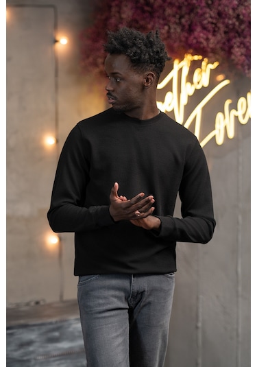 Dorss Regular Fit Armürlü Bisiklet Yaka Likralı Mevsimlik Sweatshirt Siyah