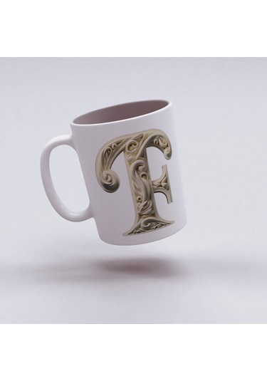 F Harfi Bardak, Monogram 330 Ml Barok Oymalı Görünüm Beyaz