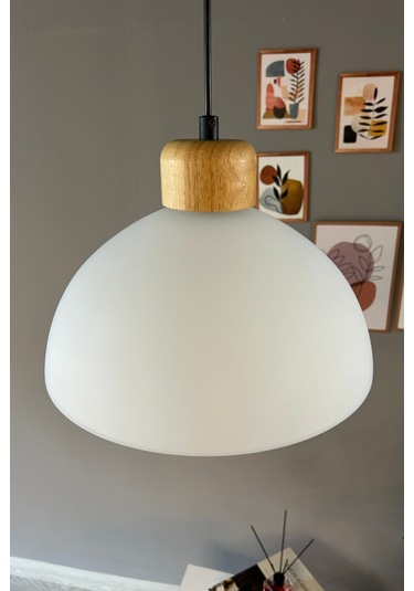 Perry Cam Tekli Avize Geniş Ahşap Beyaz Başlık Retro Sarkıt Lamba Restoran Salon Aydınlatma Beyaz