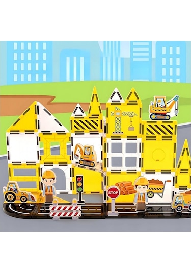 Manyetik Tiles Renkli 47 Parça Manyetik Yapı İnşaat Alanı Magnetic Bloklar