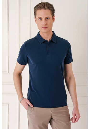 Slim Fit Düğmeli Polo Yaka Pamuklu Lacivert Tişört Ts 879 Lacivert