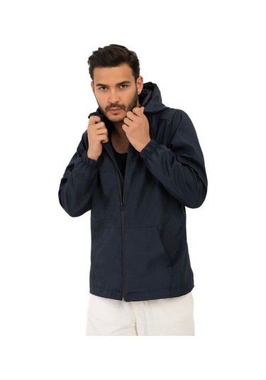Riverstorm Erkek Lacivert İçi Astarlı Kanguru Cepli Su Ve Rüzgar Geçirmez Kapüşonlu Cepli Yağmurluk Lacivert