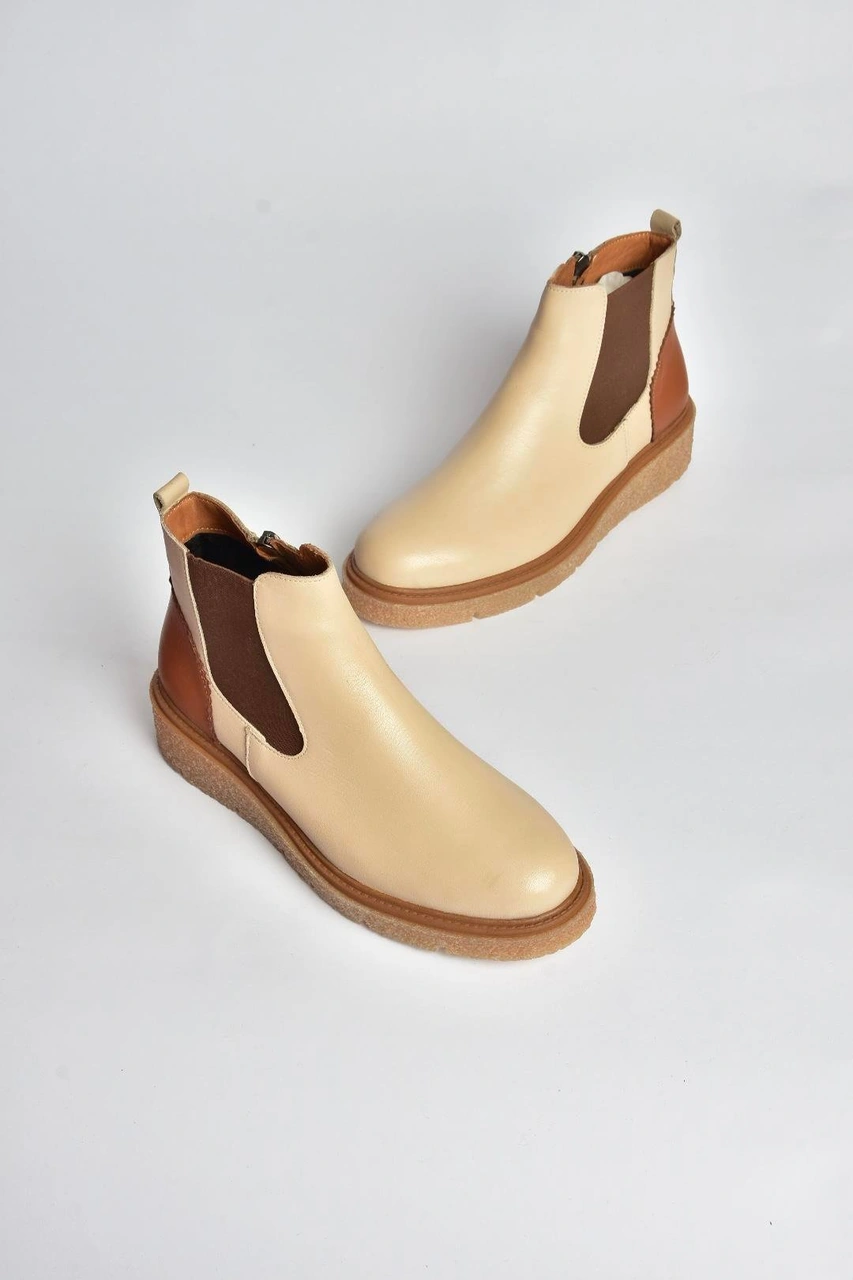 V555115103 Bej Hakiki Deri Kalın Tabanlı Kadın Bot Bej-hakiki Deri