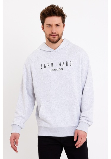 JAHR MARC Baskılı Kapüşonlu Gri Oversize Erkek Sweatshirt Gri