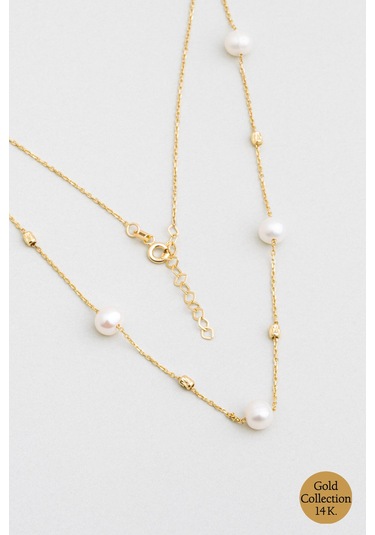 Doğal İnci 14 Ayar Altın Kolye Sarı - Beyaz