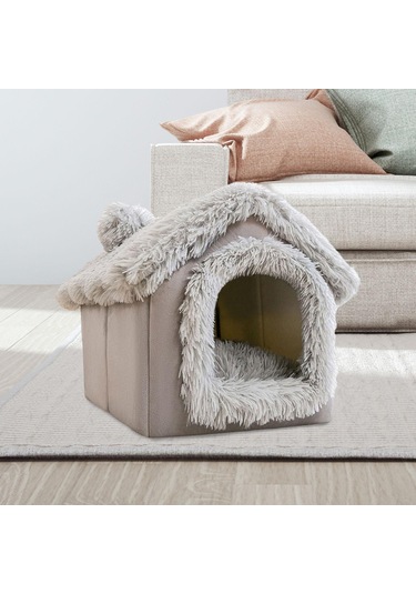 Homyl Yumuşak Köpek Kulübesi Evi Şekil Sıcak Mağara Gri-l