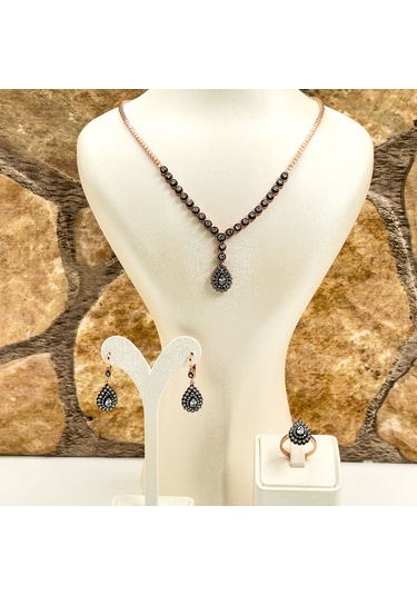 Elmas Montür Rosegold Damla Gümüş Set Takım - Lvrset11 Rose Gold
