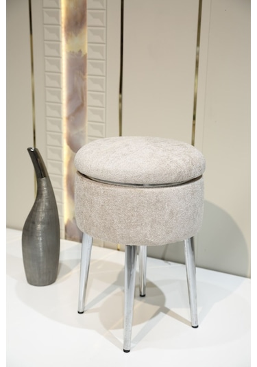 Bella Metal Ayaklı Puflu Teddy Kumaş Puf&sehpa Krom Beyaz Chrome White