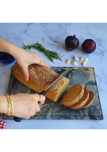 Kanallı Cam Kesme Tablası | Gri Gold Mermer | 25cm x 35cm