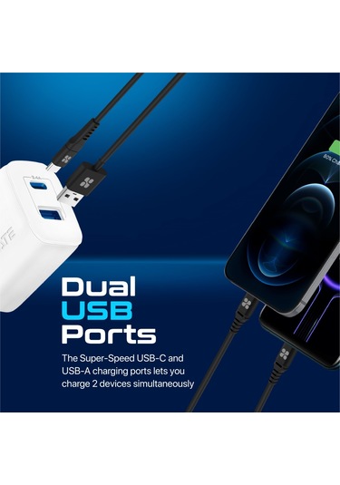 Promate BiPlug-2 17W Yüksek Hızlı Şarj Cihazı, Type-C, USB Beyaz