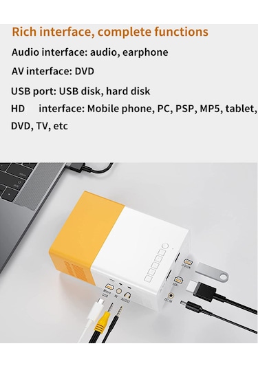 Vkemall Portatif Led Projeksiyon Cihazı, 400-600 Lumens, 24-60 İnç Ekran, Ev Ve Dış Mekan Kullanıma Uygun, Sarı-beyaz Avrupa Standartı