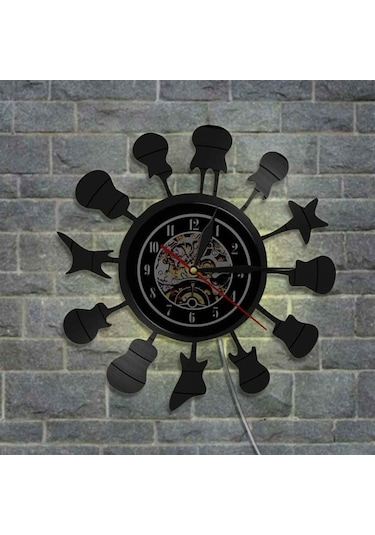 Primepickings Müzik Vinil Plak Duvar Saati -enstrüman Gitar Serisi Led Işıklı Duvar Saati -vinil Saat -oturm A