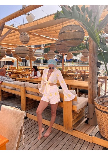 Kadın Çiçek Desenli Keten Şort-bluz Takım - Özel Tasarım Beyaz