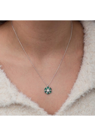 Gümüş Yeşil Kalpli Çiçek Kadın Kolye Sl10616 Gümüş