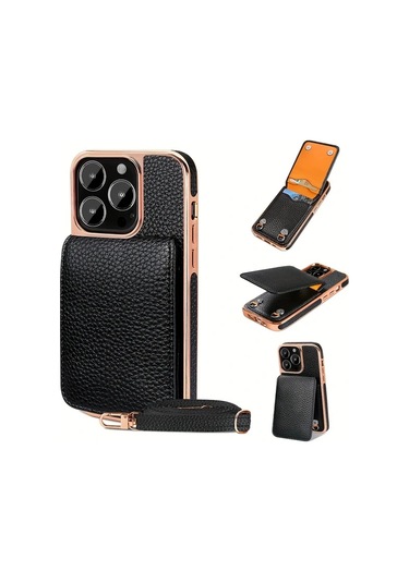 Turcoshop11 İphone 16 Promax İçin Siyah Yapay Deri Çapraz Telefon Kılıfı Kart Yuvası Askı Ve Ayak