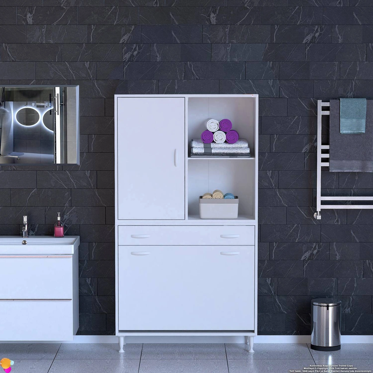 Kayra Tek Çekmece, 3 Göz Sepet, 1 Kapak, 4 Raf Dar Alan Banyo Dolabı 100x173x32,5 Cm Beyaz