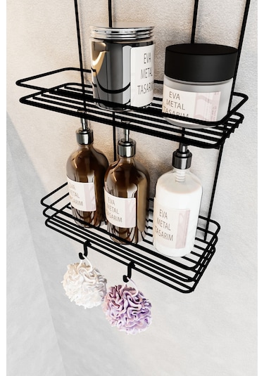 Eva Metal Tasarım Paslanmaz Yapışkanlı Düz Banyo Düzenleyici Şampuanlık Duş Rafı Siyah