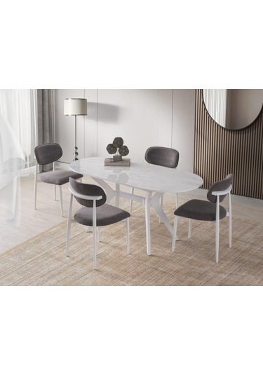 Star Polo Siyah Mermer Mutfak Masa Sandalye Takımı 82x138 Beyaz