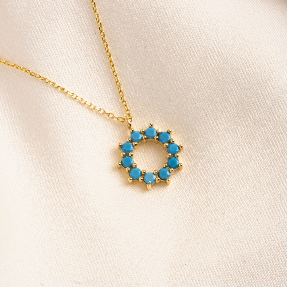 Gümüş Kolye - Yuvarlak Firuze Turkuaz Taşlı 925 Ayar Gümüş Kolye Sarı