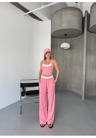 Kadın Çift Kat Detaylı Modal Dokulu Alt Üst Takım Pembe