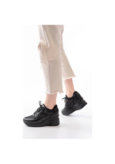 F-185 Siyah Günlük Bağcıklı Taş Aksesuarlı Yazlık Spor Ayakkabı Siyah