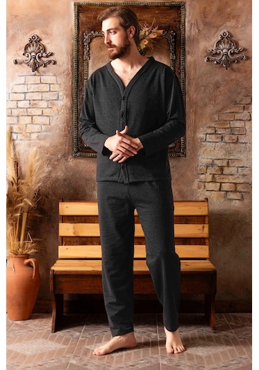 Mutlu City 16511 Boydan Düğmeli Yüksel Kalite Pamuk Erkek Pijama Takımı - Antrasit