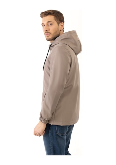 Erkek Vizon İçi Astarlı Kanguru Cepli Su Ve Rüzgar Geçirmez Kapüşonlu Cepli Yağmurluk Vizon