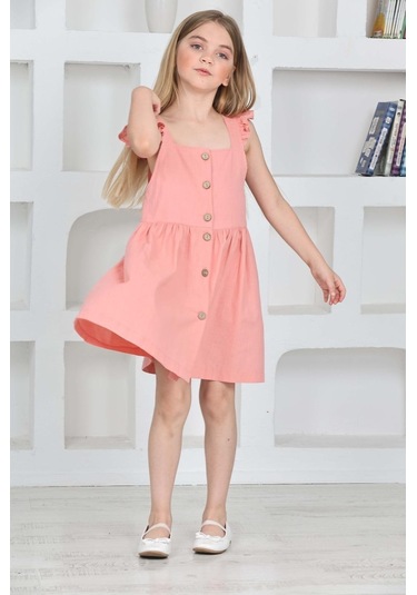 Kız Çocuk %100 Pamuk Keten Elbise 12197 Pudra