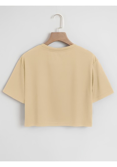Kadın Oversize Bisiklet Yaka Düz Crop T-shirt - Bej