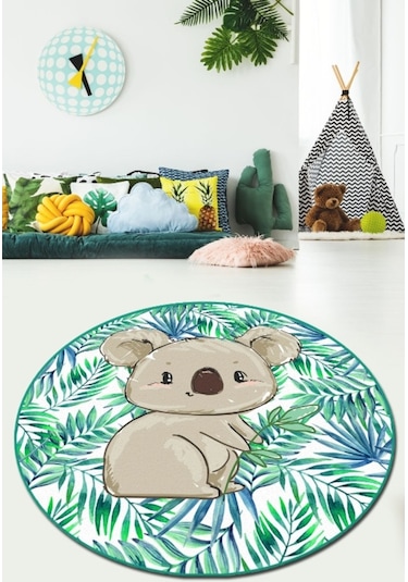 Koala Djt Yeşil Çap 140X140 Cm Yıkanabilir Çocuk Halısı Yeşil