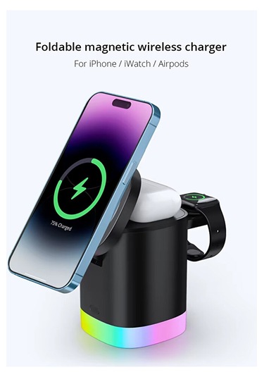 3in1 Magsafe Uyumlu 15w Rgb Kablosuz Şarj Standı Apple Uyumlu iPhone Android T