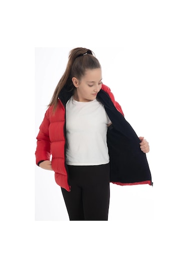 Kız Çocuk Polarlı Kürklü Kapüşonlu Su Geçirmez Rüzgara Dayanıklı Cepli Şişme Kışlık Mont Kırmızı
