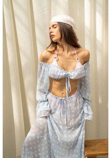 Mai Collection Samos Puantiyeli Mavi Crop Etek Takım